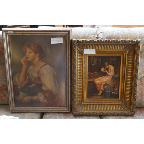 515 - Painting of a girl with a letter together with a print of an Art Nouveau girl in gilt frame