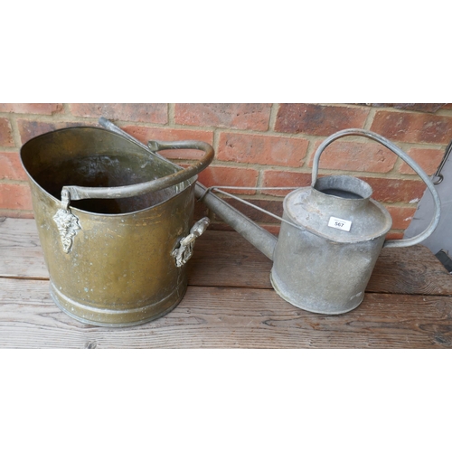 567 - Galvanised watering can together with brass coal scuttle