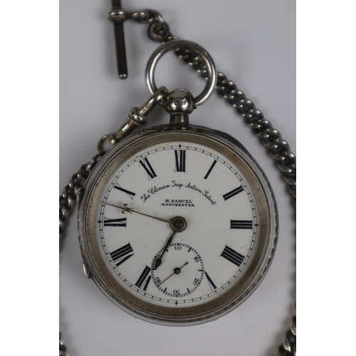102 - Cimax trip action hallmarked silver pocketwatch with hallmarked silver chain (H. Samual, Manchester)