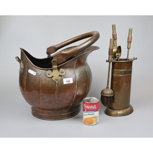 152 - Large brass and copper coal scuttle together with fire irons