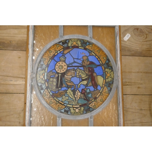 291 - Leaded glass panel with painted centre circle depicting knights