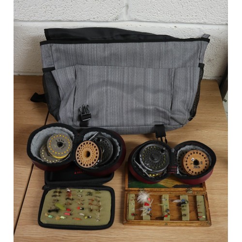 379 - 2 fly fishing rods together with 3 fly fishing reels and accessories