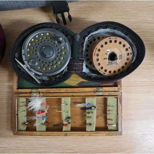 379 - 2 fly fishing rods together with 3 fly fishing reels and accessories