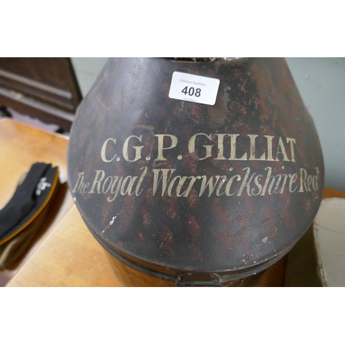 408 - 2 pith helmets together with 2 forage caps in metal hat box marked C.G.P. Gilliat The Royal Warwicks... 