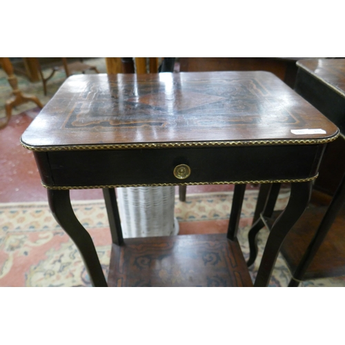 432 - 2 19thC ebonised and Louie IX marquetry lamp tables with single drawer to each