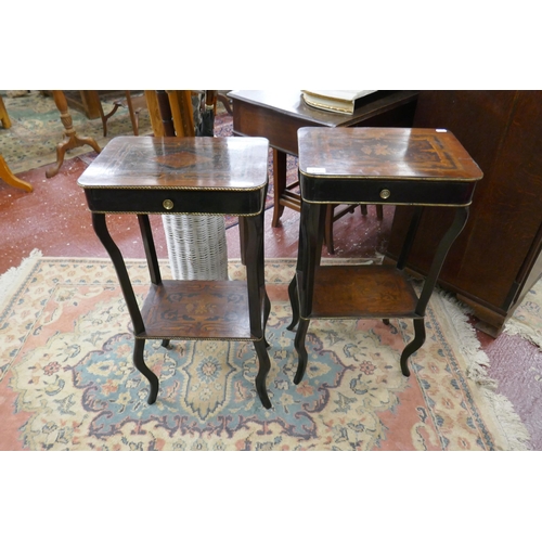 432 - 2 19thC ebonised and Louie IX marquetry lamp tables with single drawer to each