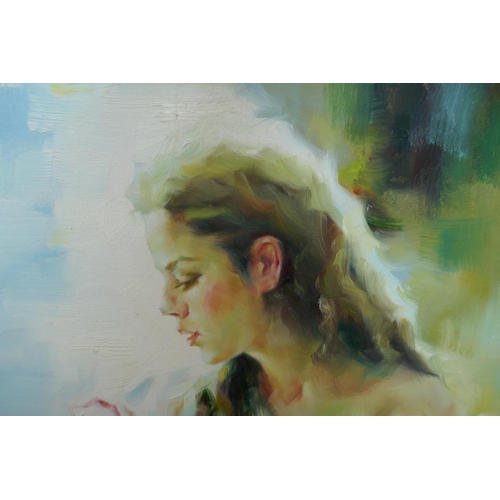 504 - Oil on canvas - Girl with rose Signed J Hamilton - Approx image size: 59cm x 90cm