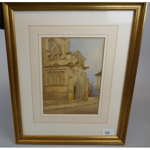 105 - Watercolour by William Wells Quatremain - Porch of Old Guild Chapel, Stratford upon Avon - Approx im... 