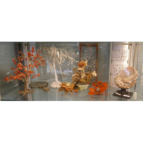 118 - Collection of Oriental items to include agate candle holder together with a shell lamp