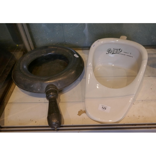 125 - Ceramic slipper bed pan together with a metal bed pan