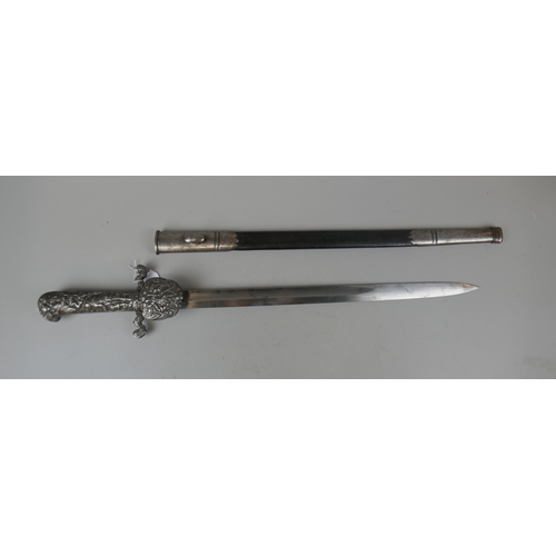 135 - Early C20th hunting dagger. Handle adorned a with hunting scene and scabbard marked with owners name... 