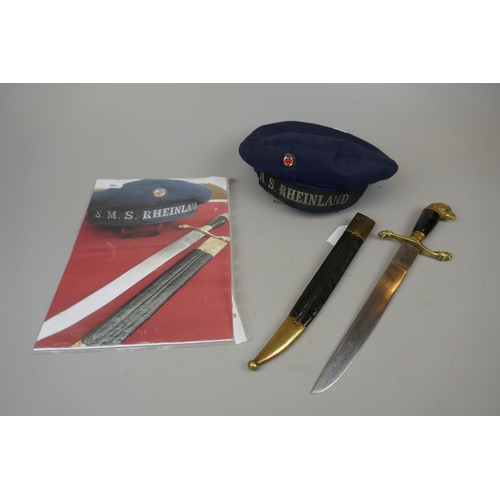 141 - Pre WW1 naval dagger together with seaman's cap from S.M.S. Rheinland, one the first dreadnough... 