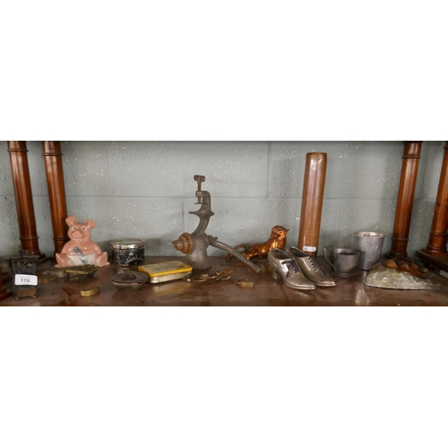 170 - Interesting collectables to include antique mincer, brass padlocks etc