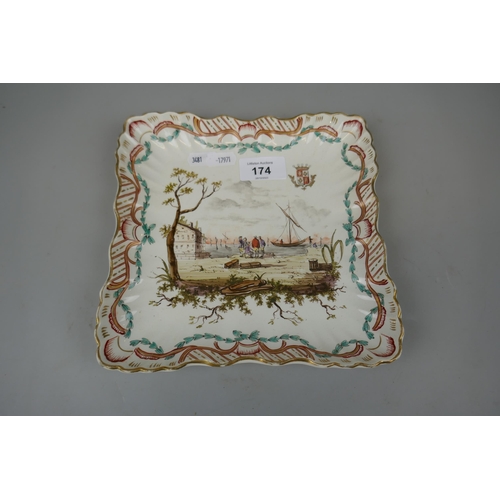 174 - A French faience square dish with scalloped edge, polychrome decorated with hand painted harbour sce... 