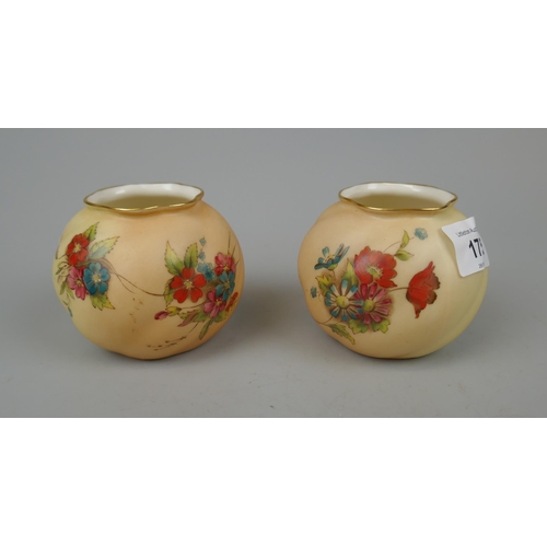 175 - Pair of Royal Worcester (Grainger) globular posy vases in blush ivory with hand painted floral spray... 