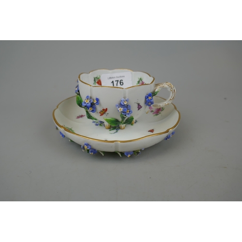 176 - Meissen19thC encrusted porcelain cup & saucer with hand painted floral decoration with applied b... 