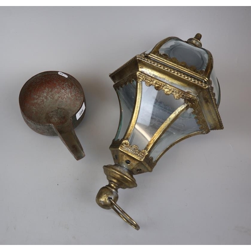 208 - Yellow metal lantern together with a decorated middle eastern water scoop