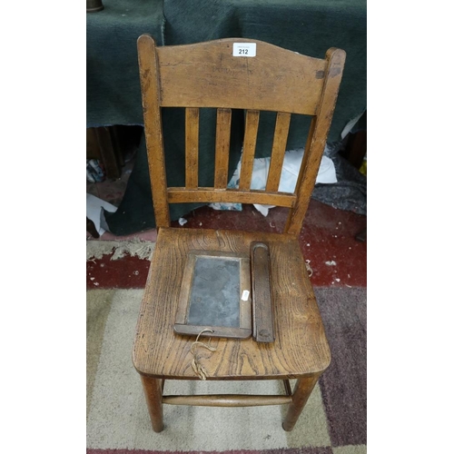 212 - Antique school chair together with writing slate and boxed crayons