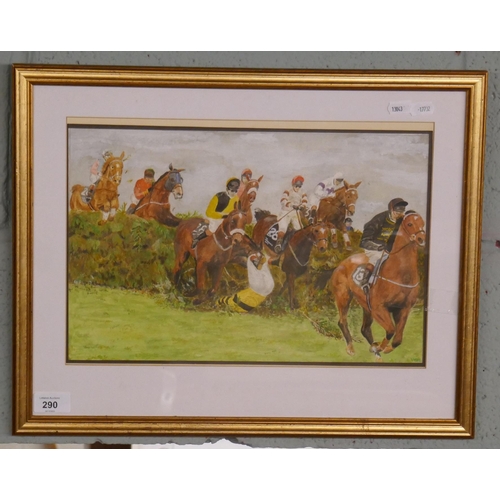 290 - Watercolour of racehorses jumping the fence