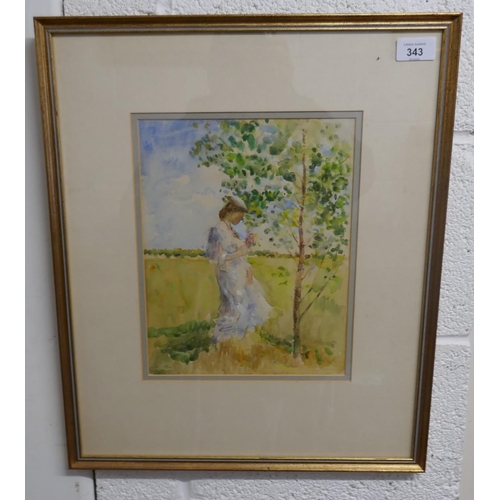 343 - Watercolour of a girl in field signed Margaret Fisher Prout - Approx image size: 22cm x 28cm