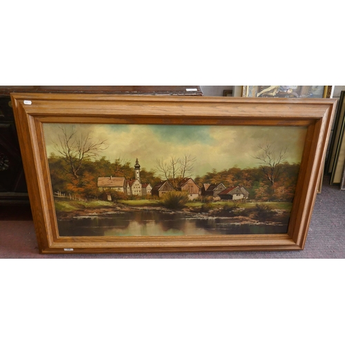 356 - Oil on canvas German village scene - Approx image size: 99cm x 49cm