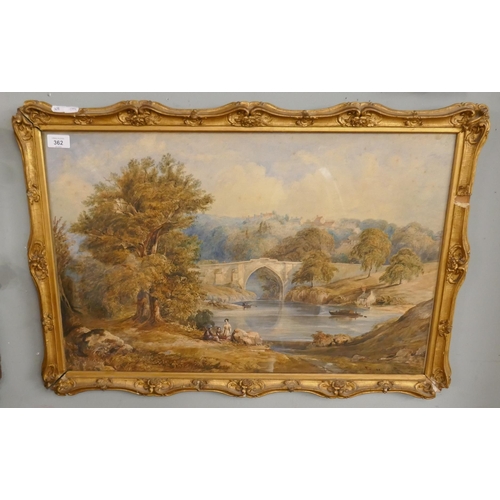 362 - Watercolour 19thC figures beside river with bridge behind - Approx image size: 70cm x 46cm