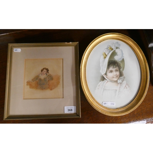 368 - Watercolour of a boy together with an oval print of a girl