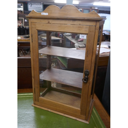 379 - Pine and glass display cabinet - Approx size: W: 49cm D: 31cm H: 78cm