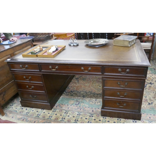 403 - Mid-century leather topped partners desk with keys - Approx size: W: 183cm D: 122cm H: 80cm