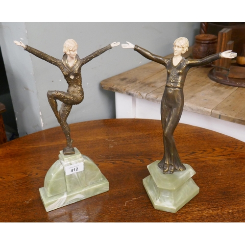 412 - Pair of bronze statues on marble bases - Approx height: 34cm