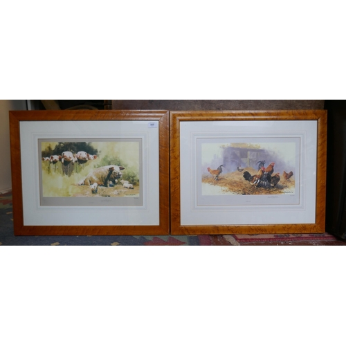 455 - David Shepherd L/E prints - Porkers & Roosters in birds eye maple frames