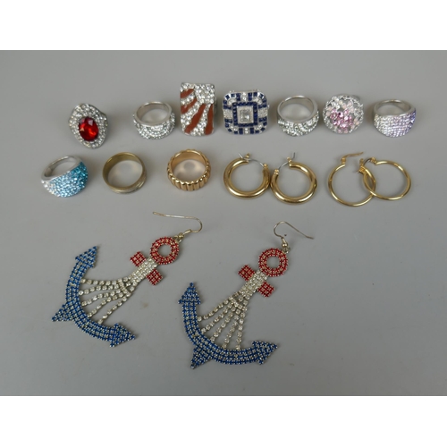 67 - 10 costume rings together with 3 pairs of earrings