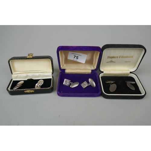 75 - 3 pairs of hallmarked silver cufflinks dated 1974,1957 & 1979