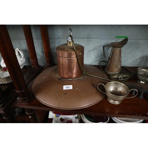 177 - Collection of copper and brass to include light fitting