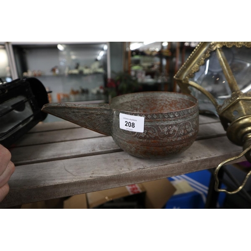 208 - Yellow metal lantern together with a decorated middle eastern water scoop