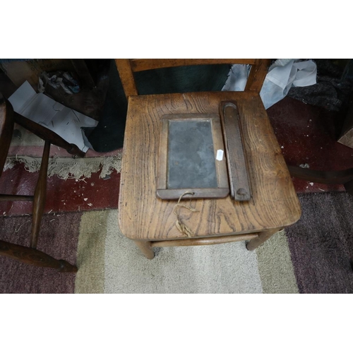 212 - Antique school chair together with writing slate and boxed crayons