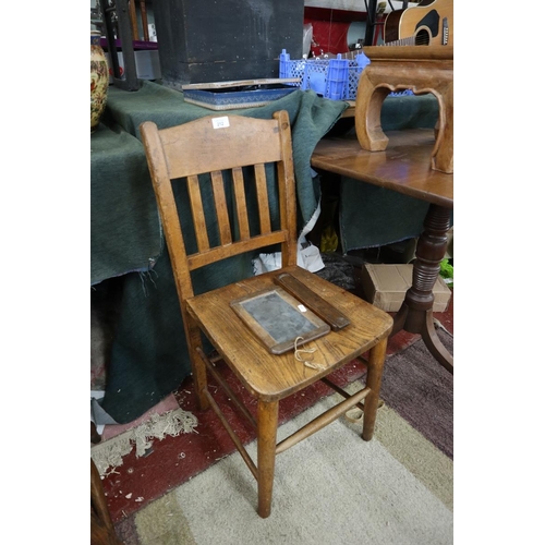 212 - Antique school chair together with writing slate and boxed crayons