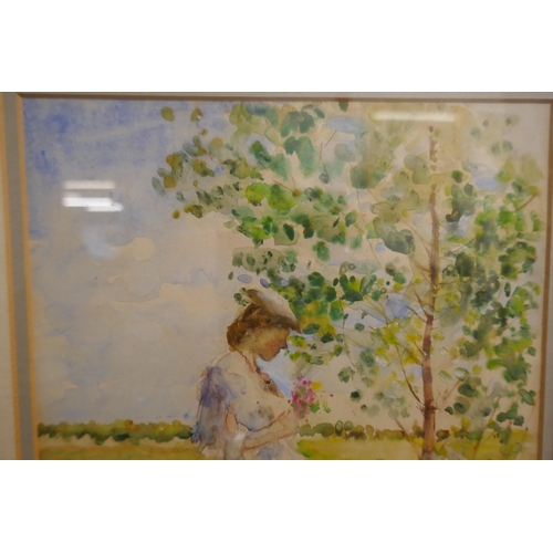 343 - Watercolour of a girl in field signed Margaret Fisher Prout - Approx image size: 22cm x 28cm