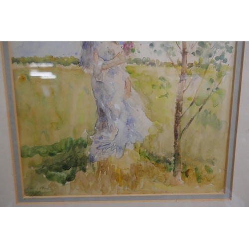 343 - Watercolour of a girl in field signed Margaret Fisher Prout - Approx image size: 22cm x 28cm