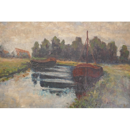 349 - Oil on canvas boats on river - Approx image size: 48cm x 38cm