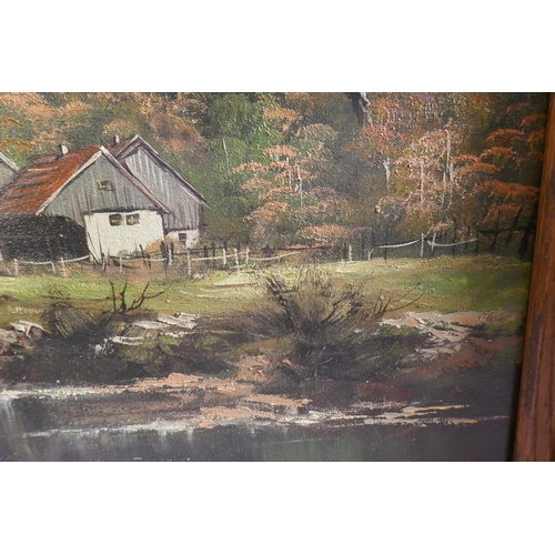 356 - Oil on canvas German village scene - Approx image size: 99cm x 49cm