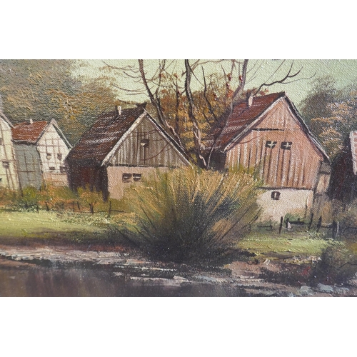 356 - Oil on canvas German village scene - Approx image size: 99cm x 49cm