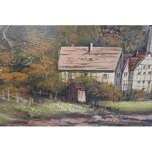 356 - Oil on canvas German village scene - Approx image size: 99cm x 49cm