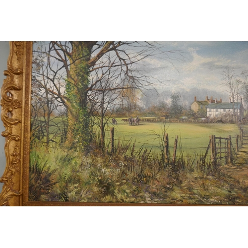 361 - Oil painting of horses in field near Sedgley, Dudley signed Mallard - Approx image size: 89cm x 59cm