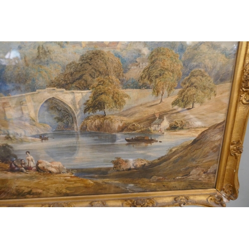 362 - Watercolour 19thC figures beside river with bridge behind - Approx image size: 70cm x 46cm