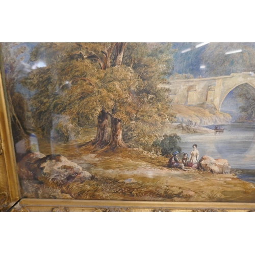 362 - Watercolour 19thC figures beside river with bridge behind - Approx image size: 70cm x 46cm