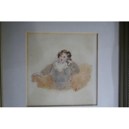 368 - Watercolour of a boy together with an oval print of a girl