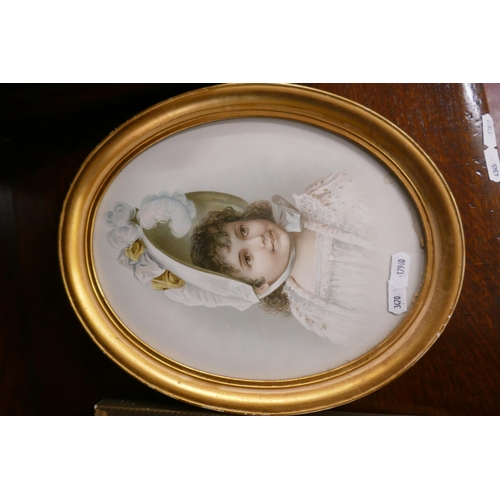 368 - Watercolour of a boy together with an oval print of a girl