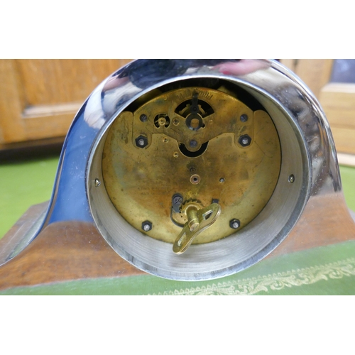 378 - Silverplated 'Napoleon Hat' style mantel clock circa 1930 with white dial and Arabic numbers. A Fren... 