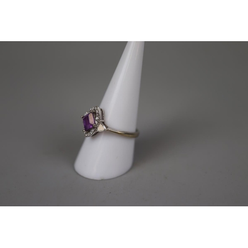 62 - 18ct gold diamond & amethyst Art Deco style ring - Size Q